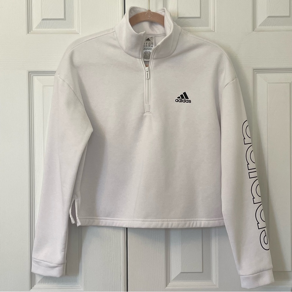 adidas White Half-Zip Sweatshirt with Sleeve Logo - Picture 2 of 11